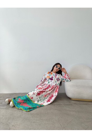 Ekru çiçek desenli terikoton elbise