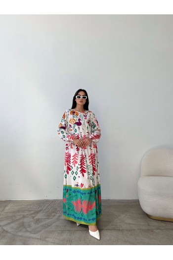 Ekru çiçek desenli terikoton elbise