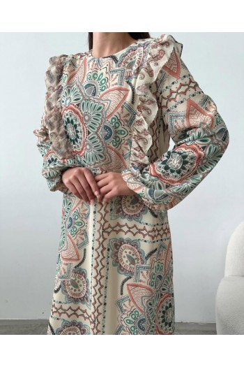 Eteği sulu desen detaylı fırfırlı şifon elbise