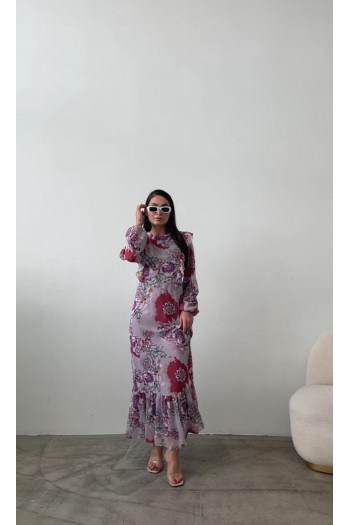 LİLA ÇİÇEK DESENLİ ŞİFON ELBİSE