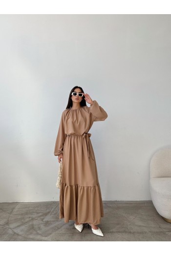  KUŞAK DETAYLI BELİ LASTİKLİ PAMUK AEROBİN ELBİSE