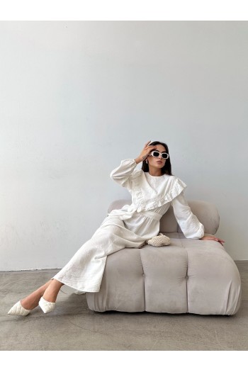 brode detaylı düğmeli ağaç kabuğu uzun elbise