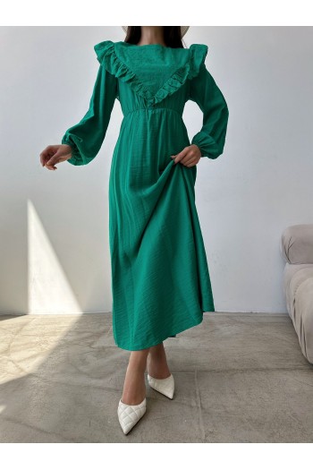 brode detaylı düğmeli ağaç kabuğu uzun elbise