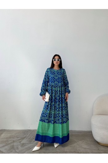 mavi yeşil desenli terikoton elbise