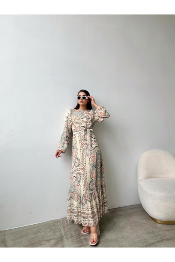 Eteği sulu desen detaylı fırfırlı şifon elbise