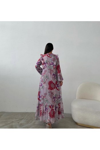 LİLA ÇİÇEK DESENLİ ŞİFON ELBİSE