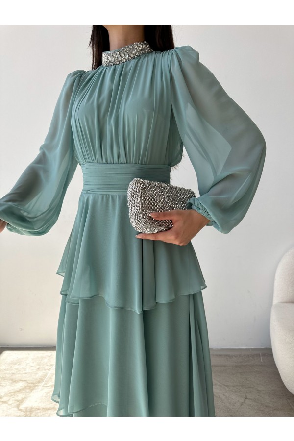 Taşlı Fırfır Detay Abiye