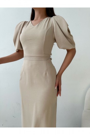 Balon Kol Kuşak Detaylı Midi Boy Elbise