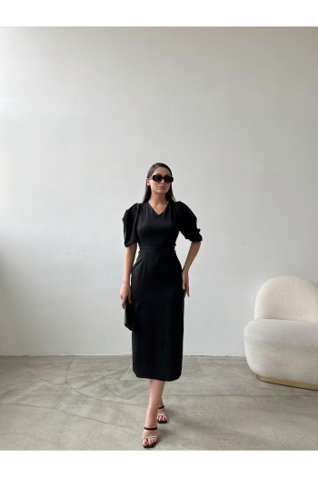 Balon Kol Kuşak Detaylı Midi Boy Elbise