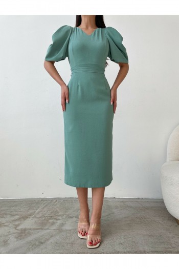 Balon Kol Kuşak Detaylı Midi Boy Elbise