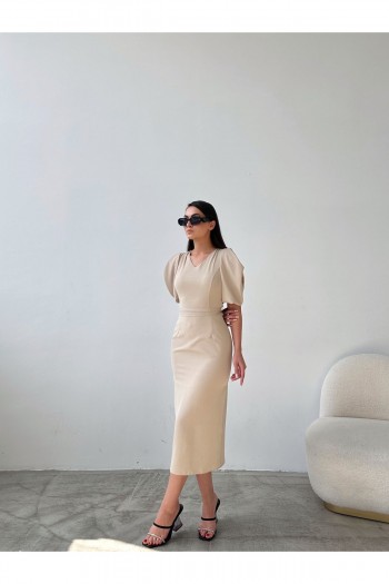 Balon Kol Kuşak Detaylı Midi Boy Elbise
