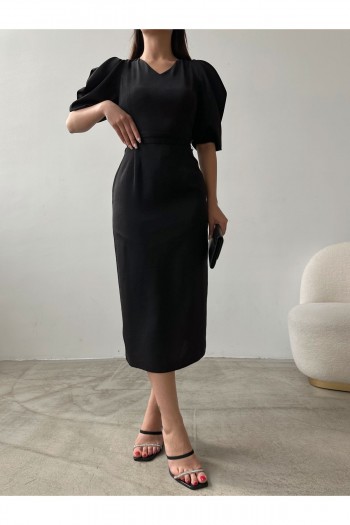 Balon Kol Kuşak Detaylı Midi Boy Elbise