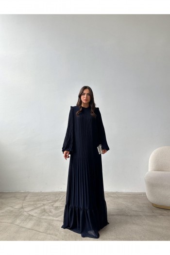 Pliseli Detaylı Şifon Uzun Elbise