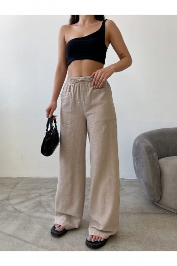 Beli Lastikli Bol Paça Visco Keten Cepli Yazlık Pantolon
