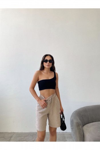 Beli Lastikli Yandan Cepli Visco Keten Şort