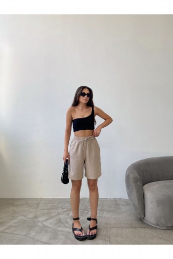 Beli Lastikli Yandan Cepli Visco Keten Şort